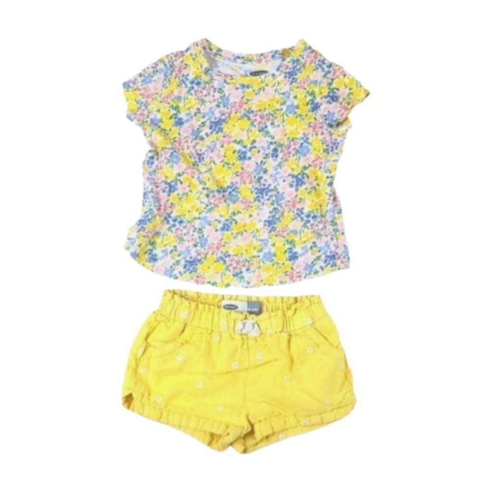🌻 Vintage Baby Outfit Daisy Floral Shorts & Tee Yellow Multi, Size 18-24 Months